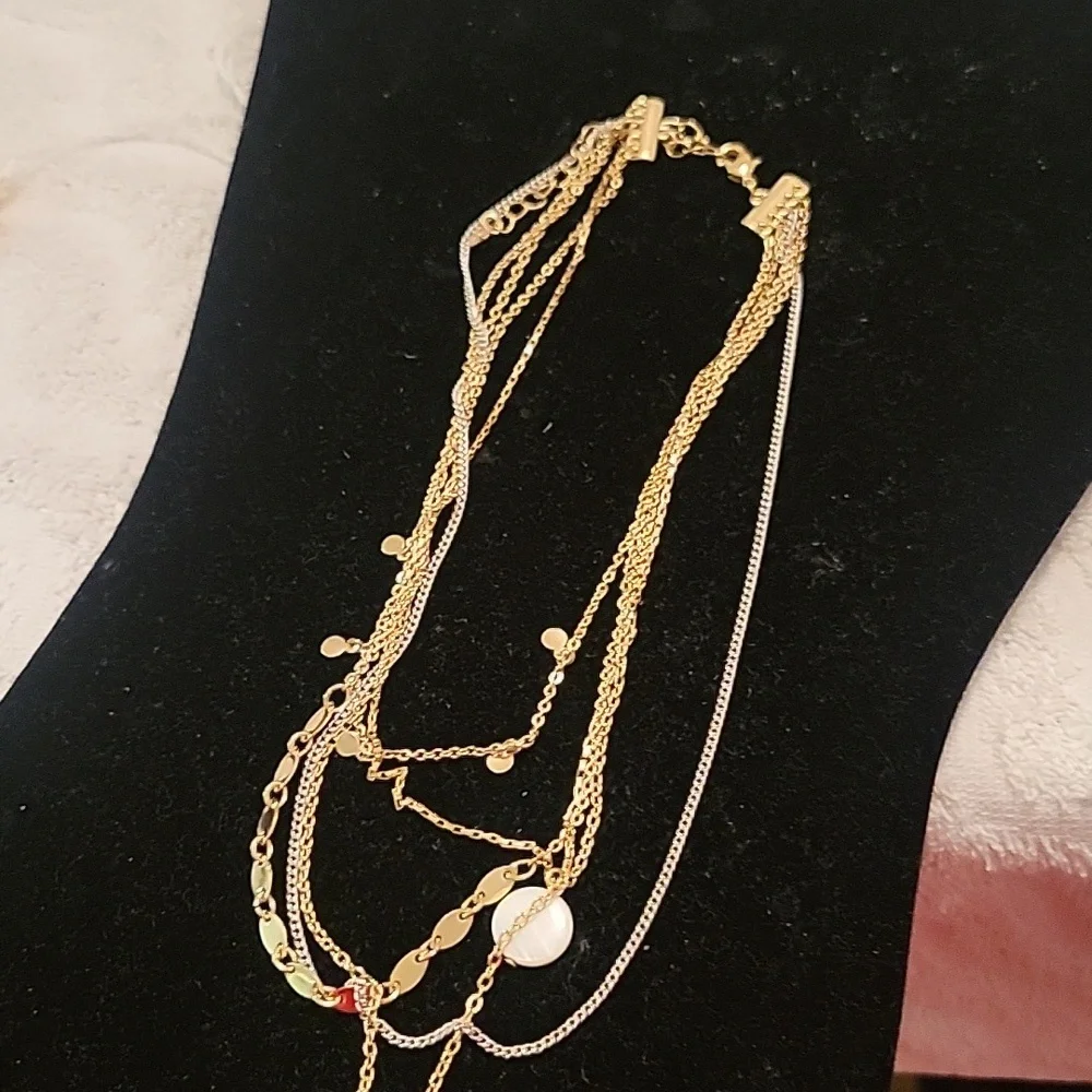 Gold Tone White Pearlized Round Shell Multi Chain Layered Necklace - Picture 3 of 4